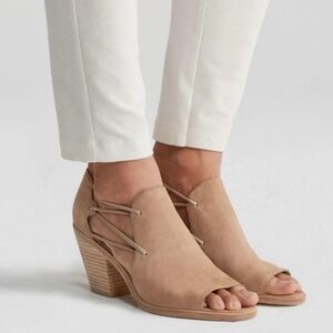 Eileen Fisher Nikki Peep Toe Block Heel Booties Tan Genuine Leather Size 6.5
